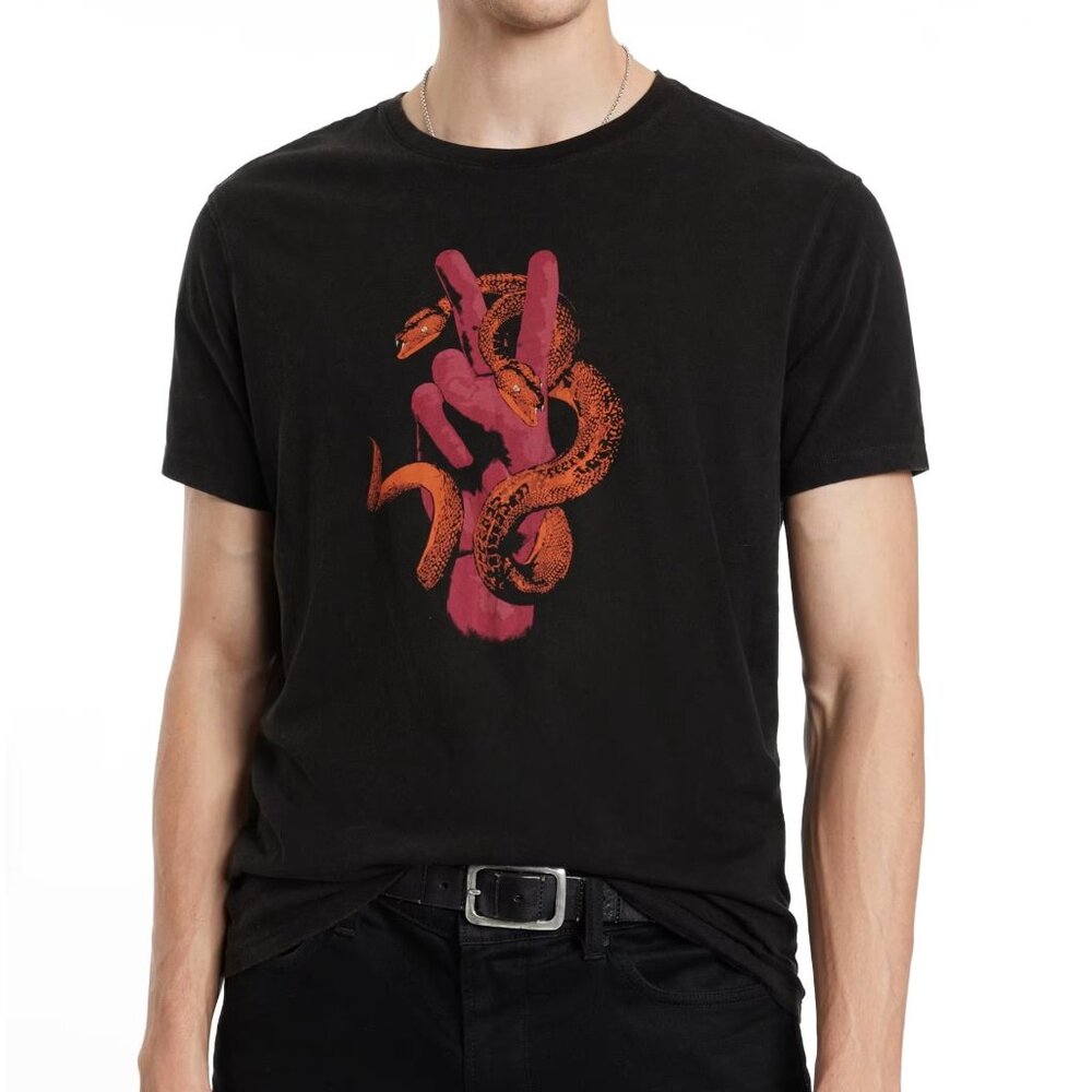 John Varvatos Men's Peace Sign Hand 2 Headed Snake Graphic SS Crew T-Shirt Black